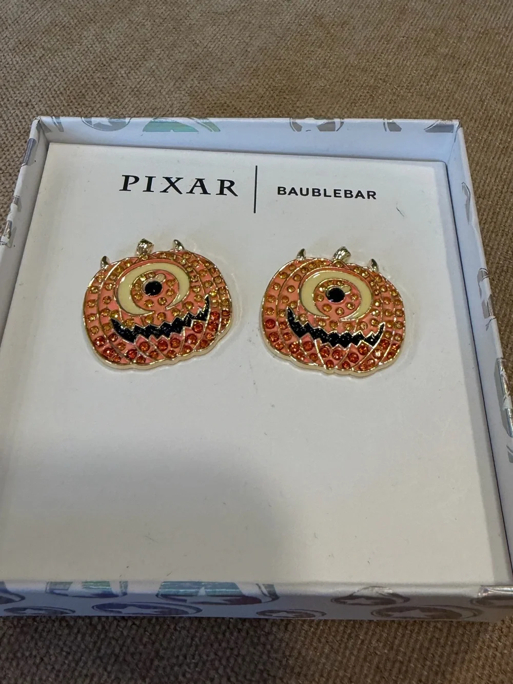 NIB Disney BaubleBar Monsters Inc Mike Pumpkin Jack-o-lantern Earrings